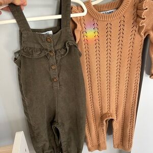 Old Navy NWOT Olive Green Corduroy Overalls and knit romper bundle (12-18 month)